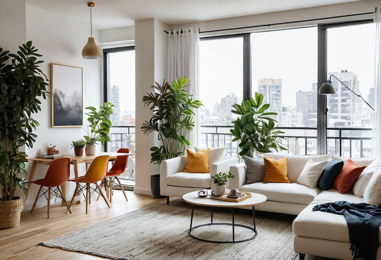 A cozy, modern apartment interior featuring a stylish living room with plants, artfully arranged furniture, and natural light streaming through large windows. Incorporate elements of urban living like a small balcony with city views, a minimalist kitchen, and decorative aesthetics that enhance comfort and style. Include pops of color and texture to illustrate a warm, inviting atmosphere. super-realistic. vibrant colors. white background.