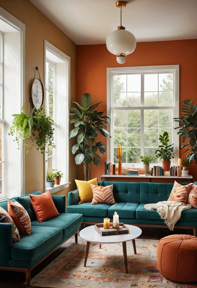 An inviting living room showcasing stylish apartment aesthetics, with a cozy sofa, decorative plants, and vibrant artwork on the walls. A cheerful window seat filled with cushions and a trendy coffee table adorned with books and candles. Incorporate a warm color palette and modern lighting fixtures, emphasizing a sense of comfort and style. super-realistic. vibrant colors. mid-century modern style.