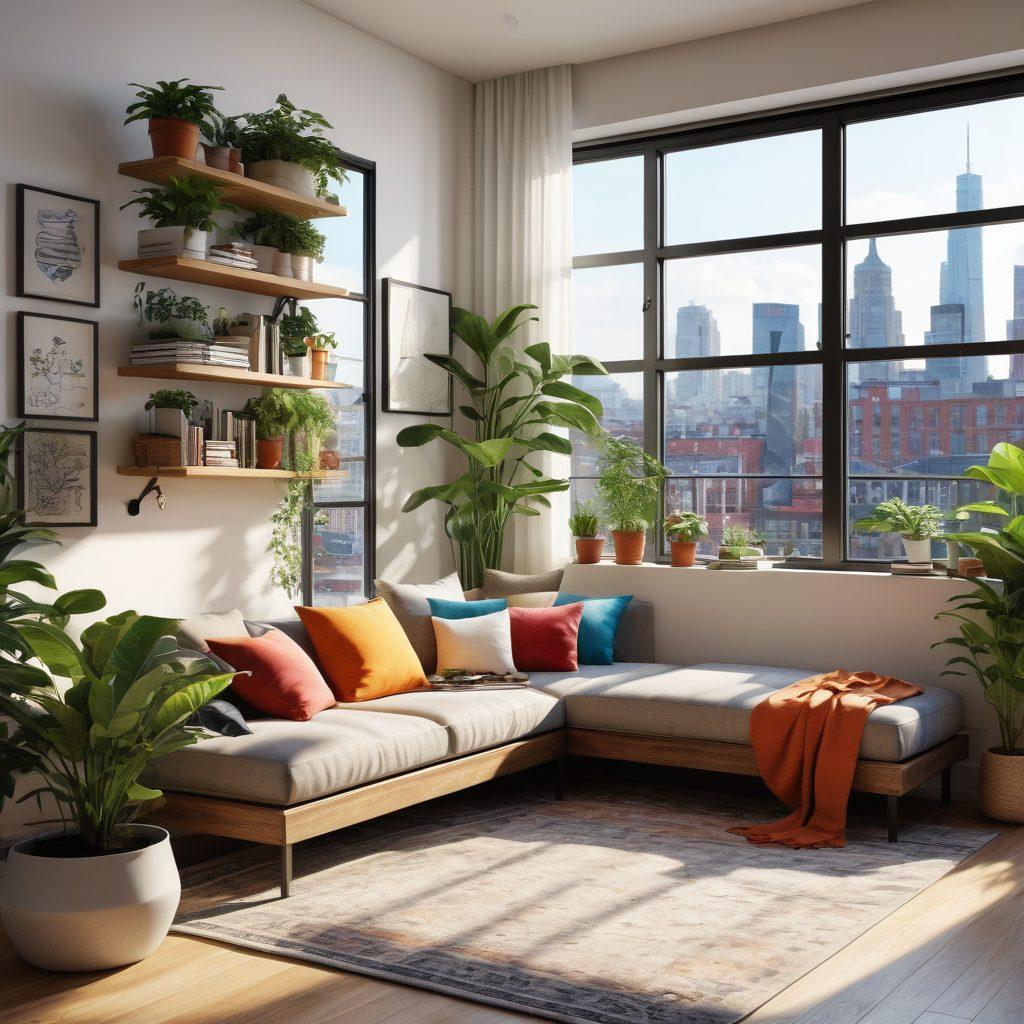 A chic, modern apartment interior featuring stylish furniture, lush plants, and well-organized shelves, with sunlight streaming through large windows. Include a cozy reading nook adorned with trendy textiles, a sleek kitchen with minimalist design elements, and an urban cityscape visible outside. Emphasize comfort and sophistication to showcase the essence of urban living. super-realistic. vibrant colors.